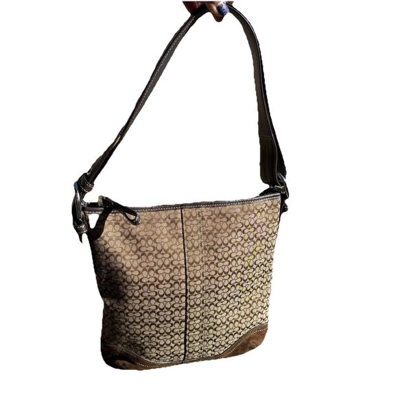 Vintage Coach Signature Mini C Bag Canvas Suede Shoulder Bag Purse Brown F10944 - Picture 1 of 16